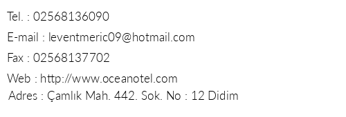 Ocean Otel telefon numaralar, faks, e-mail, posta adresi ve iletiim bilgileri